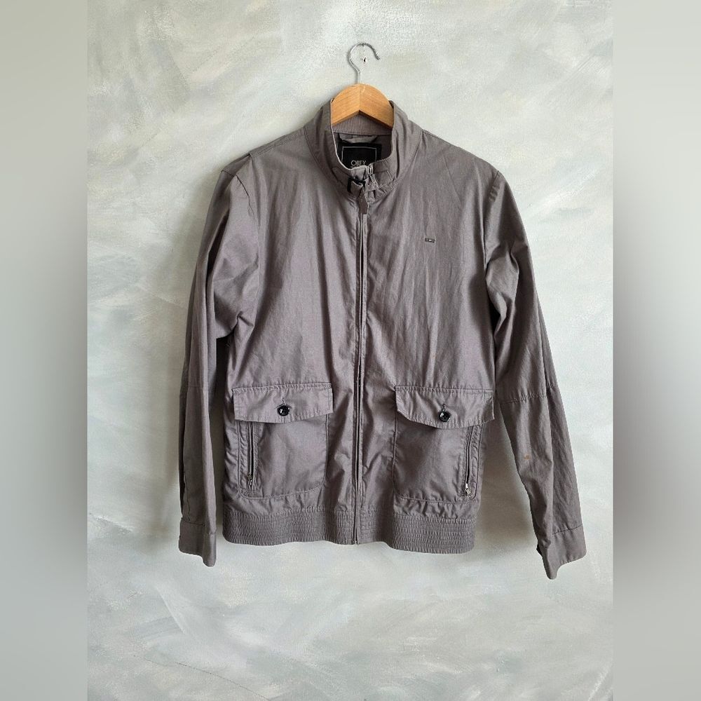 Obey Moto Jacket Mens Medium Gray Adjustable Band Collar Retro 80s